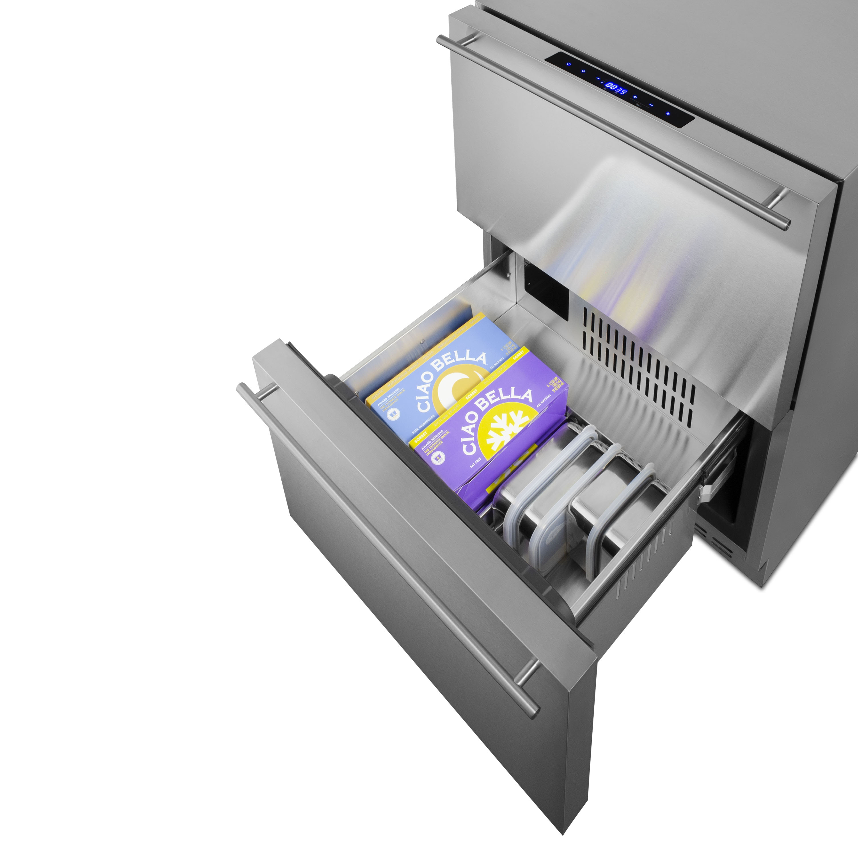 Two-drawer refrigerator-freezer for built-in or freestanding use, with digital thermostat, frost-free operation, panel-ready drawer fronts, and complete stainless steel construction